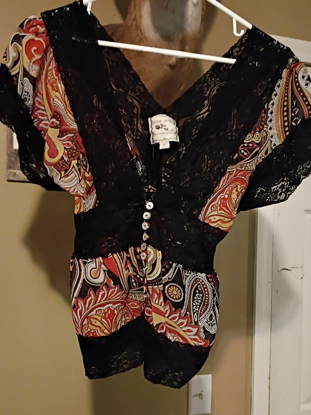 Pink Rose Black Lace Paisley Button-Front Blouse